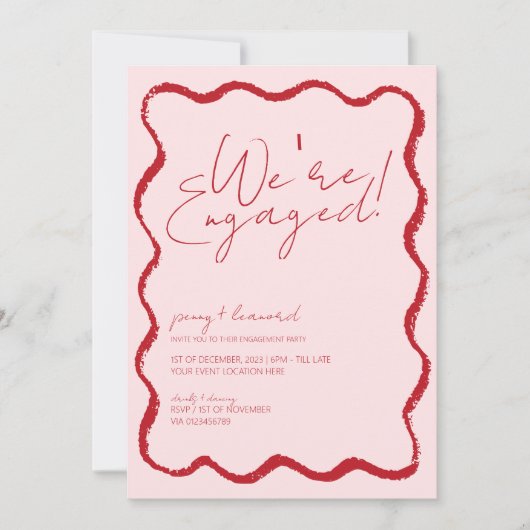 Wave Border Scallop Edge Rood en Roze Verloving Kaart (Voorkant)