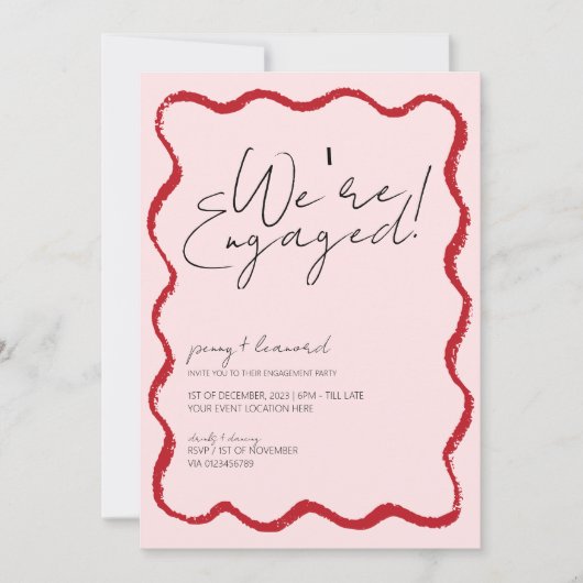 Wave Border Scallop Edge Rood en Roze Verloving Kaart (Voorkant)