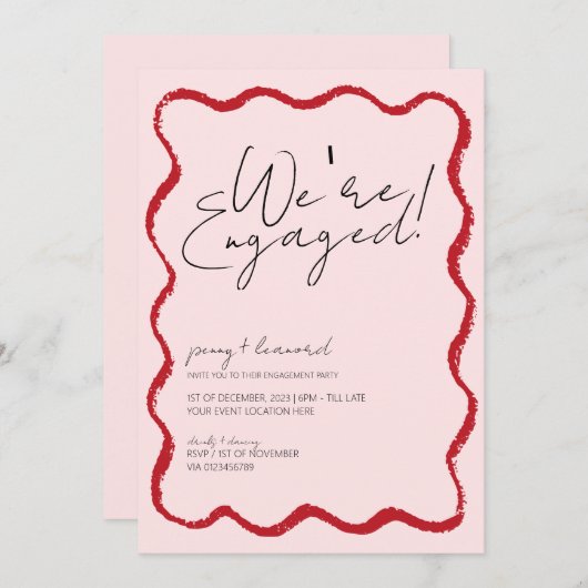 Wave Border Scallop Edge Rood en Roze Verloving Kaart (Voorkant / Achterkant)