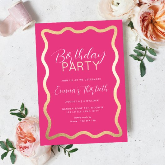 Wave Hot Pink Verjaardag Folie Invitation Folie Uitnodiging