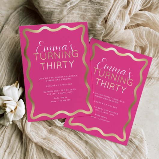 Wave Hot Pink Verjaardag Folie Invitation Uitnodiging