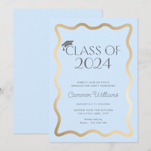 Wave Licht Blauw Goud Afstudeerfeest Kaart (Voorkant / Achterkant)