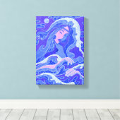 Wave, Mermaid, Fantasy Art Asian Girl, Blue & Pink Canvas Afdruk (Insitu (Houten vloer))