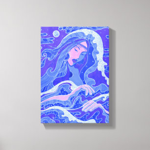 Wave, Mermaid, Fantasy Art Asian Girl, Blue & Pink Canvas Afdruk
