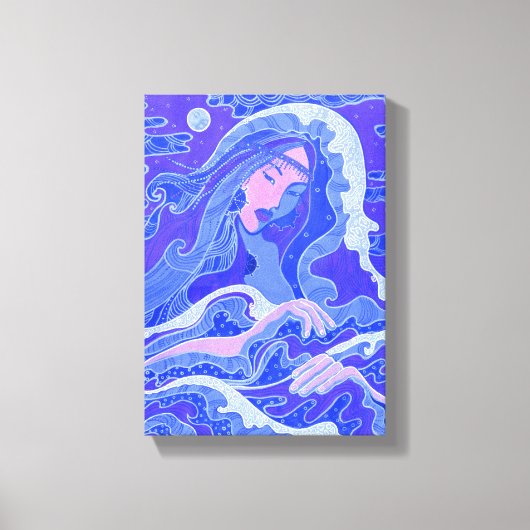 Wave, Mermaid, Fantasy Art Asian Girl, Blue & Pink Canvas Afdruk (Voorkant)