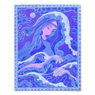 Wave, Mermaid, Fantasy Art Asian Girl, Blue & Pink Foto Afdruk