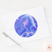 Wave, Mermaid, Fantasy Art Asian Girl, Blue & Pink Ronde Sticker (Envelop)