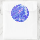 Wave, Mermaid, Fantasy Art Asian Girl, Blue & Pink Ronde Sticker (Tas)