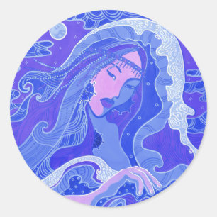 Wave, Mermaid, Fantasy Art Asian Girl, Blue & Pink Ronde Sticker