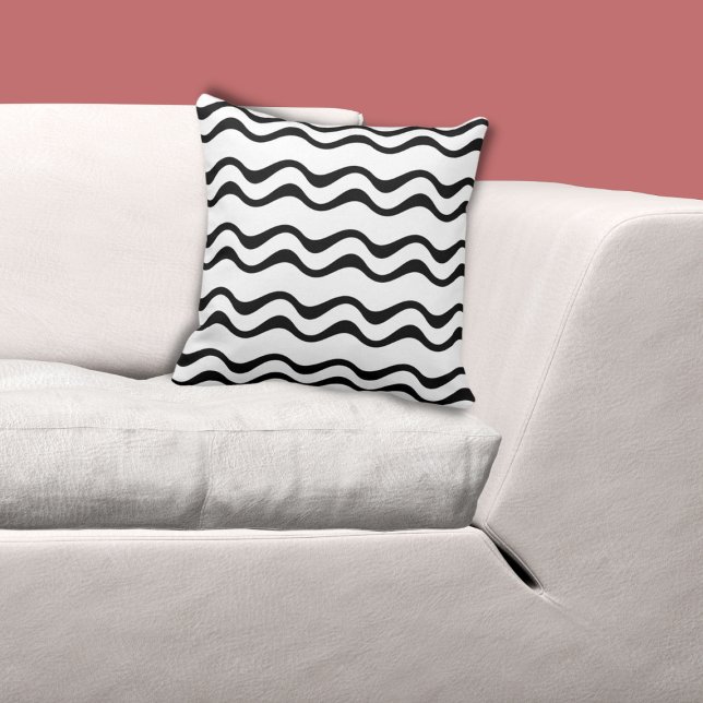 Wave Pattern Black and White - Sierkussen (Regular Black Ripple Pattern, White Pillow)