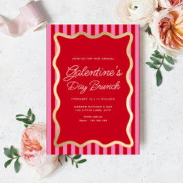 Wave Red Pink Stripe Galentine's Day Brunch Kaart