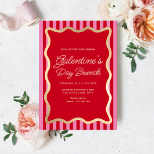 Wave Red Pink Stripe Galentine's Day Brunch Kaart