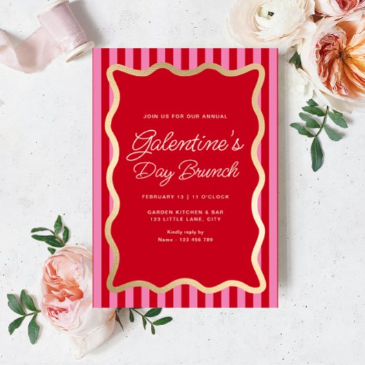 Wave Red Pink Stripe Galentine's Day Brunch Kaart