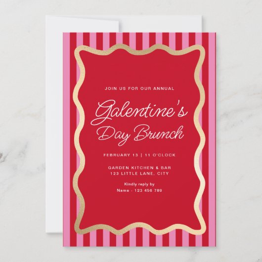 Wave Red Pink Stripe Galentine's Day Brunch Kaart (Voorkant)