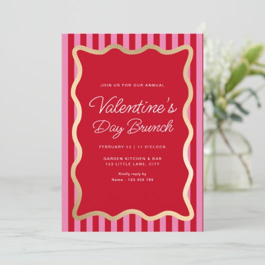 Wave Red Roze Streep Valentijnsdag Brunch Kaart (Staand voorkant)