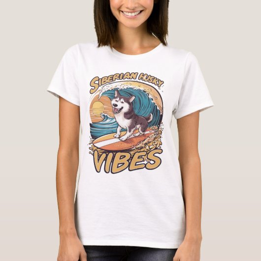 Wave Rider: Siberische husky hond vangen golven T-shirt (Voorkant)