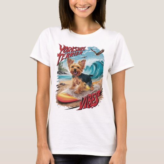 Wave Rider Yorkshire Terrier Surfen Pup T-shirt (Voorkant)