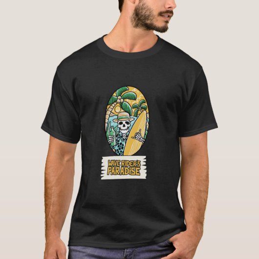 Wave Rider's Paradise Skeleton Surfer T-shirt (Voorkant)