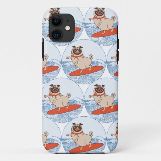 Wave riding happy pug dog on surfboard  scarf band Case-Mate iPhone case (Achterkant)