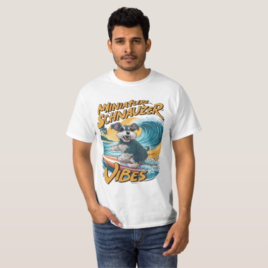 Wave-Riding Miniatuur Schnauzer Surfavontuur T-shirt (Voorkant volledig)
