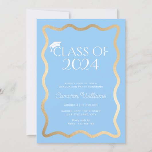 Wave Sky Blue Gold Graduation Party Kaart (Voorkant)