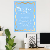 Wave Sky Blue Gold Graduation Party Welkom Poster (Thuiskantoor)