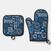Wave Warrior Hawaiian Primitive Tapa Blue Ovenwant & Pannenlap Set (Voorkant)