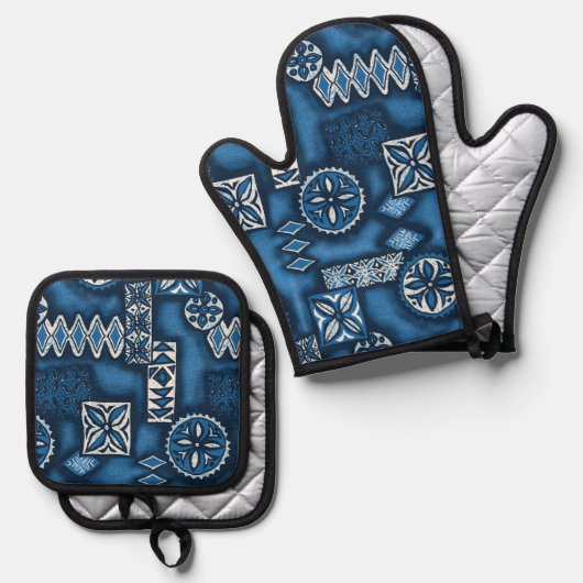 Wave Warrior Hawaiian Primitive Tapa Blue Ovenwant & Pannenlap Set (Voorkant / Achterkant)