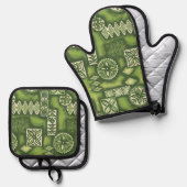 Wave Warrior Hawaiian Primitive Tapa Green Ovenwant & Pannenlap Set (Voorkant / Achterkant)