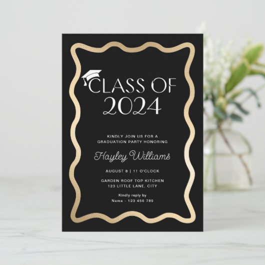 Wave Zwart Goud Afstudeerfeest Kaart (Staand voorkant)