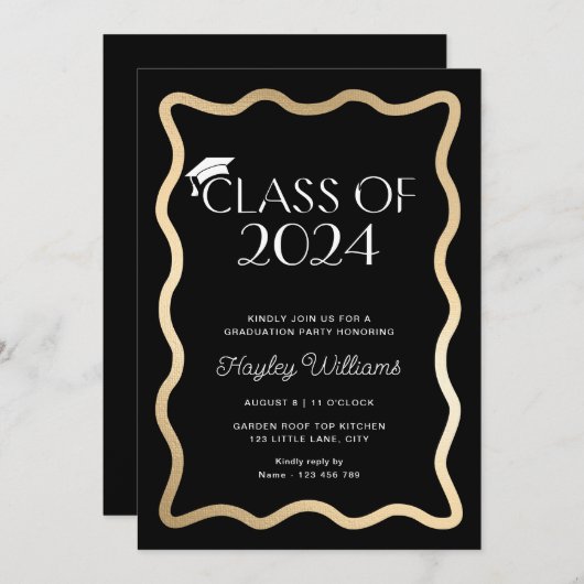 Wave Zwart Goud Afstudeerfeest Kaart (Voorkant / Achterkant)