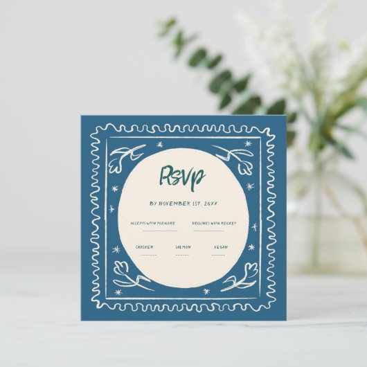 Waveblauw Handschrift Retro Bruiloft RSVP Kaart (Staand voorkant)