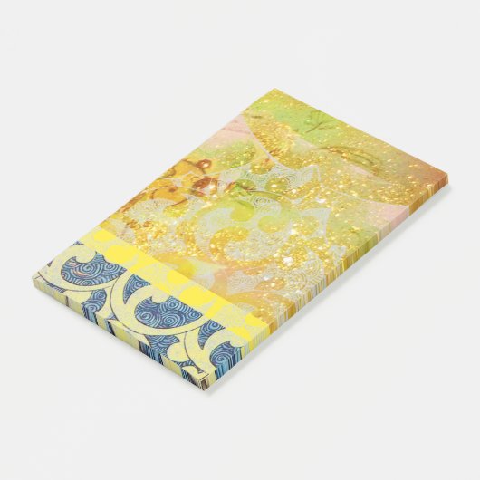 WAVES / Bright Gele Blauwe Zwemelen in gouden Spar Post-it® Notes (Schuin)