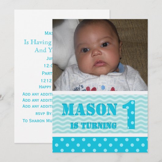 Waves en Polka-punt 1st Birthday-uitnodigingen Kaart (Voorkant / Achterkant)