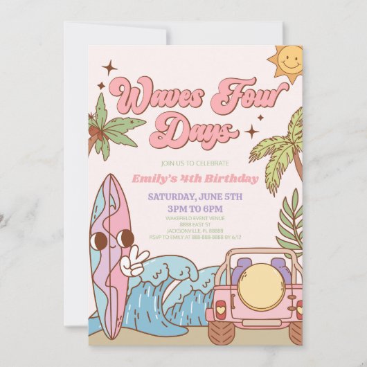 Waves Four Days Groovy Retro 4e verjaardagsfeestje Kaart (Voorkant)