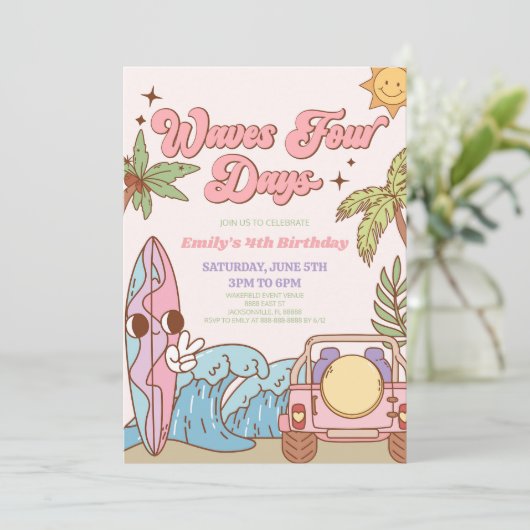 Waves Four Days Groovy Retro 4e verjaardagsfeestje Kaart (Staand voorkant)