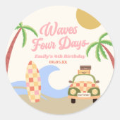 Waves Four Days Surf Board Roze 4e verjaardagsfees Ronde Sticker (Voorkant)