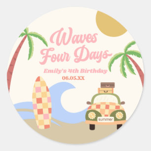 Waves Four Days Surf Board Roze 4e verjaardagsfees Ronde Sticker
