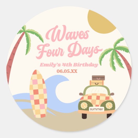 Waves Four Days Surf Board Roze 4e verjaardagsfees Ronde Sticker (Voorkant)