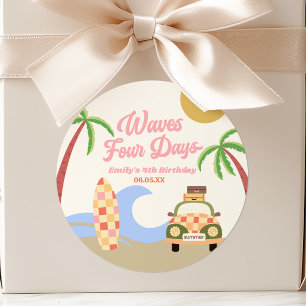 Waves Four Days Surfplank Roze 4e Verjaardagsfeest Ronde Sticker