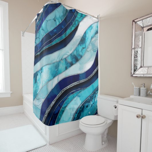 Waves - Mixed Media Blauw Abstract Douchegordijn (In situ)
