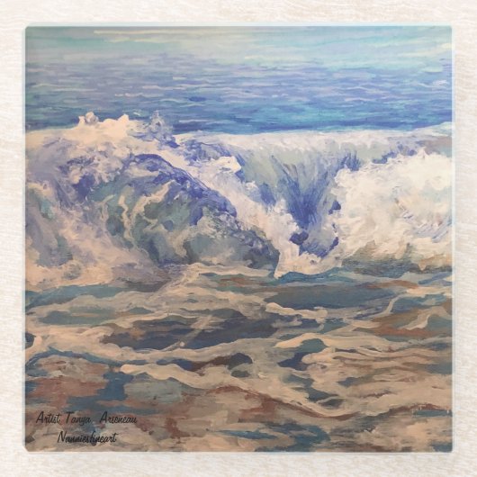 Waves Originele Hand geschilderde kunst Glazen Onderzetter (Voorkant)