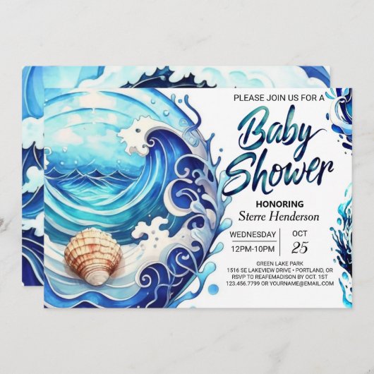 Waves Printable Baby shower Kaart (Voorkant / Achterkant)
