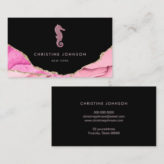 ·Waves roze zeepaardontwerp op zwart Visitekaartje (Voorkant / Achterkant)