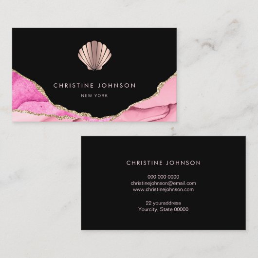 Waves roze zeeschelp ontwerp op zwart visitekaartje (Voorkant / Achterkant)