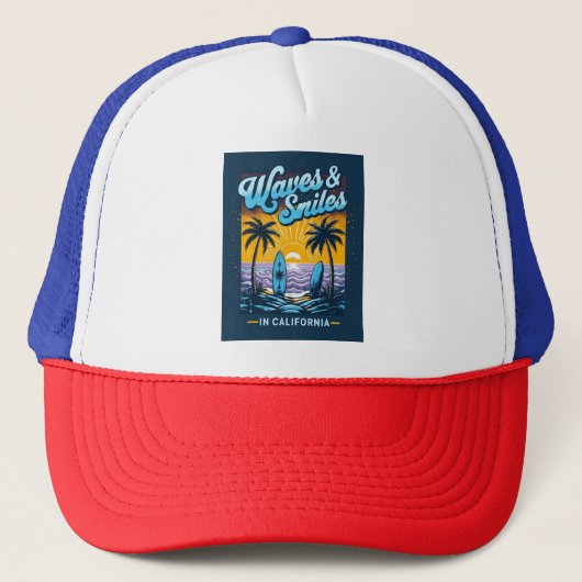 Waves & Smiles in California – Beach Vibes Cap Trucker Pet (Voorkant)