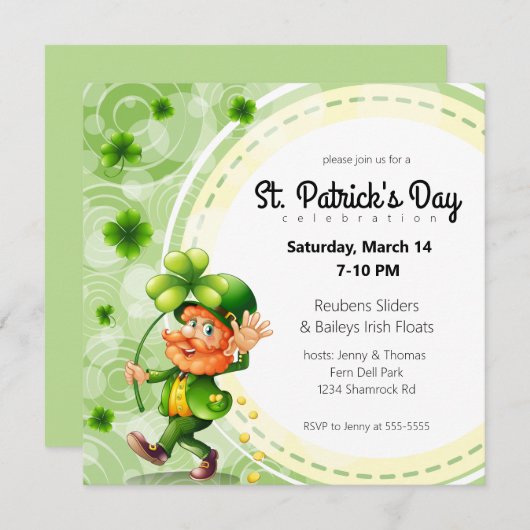 Waving Leprechaun en Shamrocks Kaart (Voorkant / Achterkant)