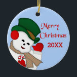 Waving Snowman Merry 20XX Ornament<br><div class="desc">Verander de lichtblauwe achtergrond achter dit ontwerp in om het even welke kleur u verkiest. Deze sneeuwman is een oud beeld dat ik volledig heb verkleurd/herontworpen. Ik heb de rug van de ornament blanco in hoesje verlaten u het wilt personaliseren - van één familie of persoon aan een andere, of...</div>