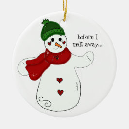 Waving Snowman met Gezegde Keramisch Ornament