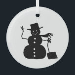 Waving Snowman Ornament<br><div class="desc">Snowman met schop en fedora in zwart silhouet.</div>